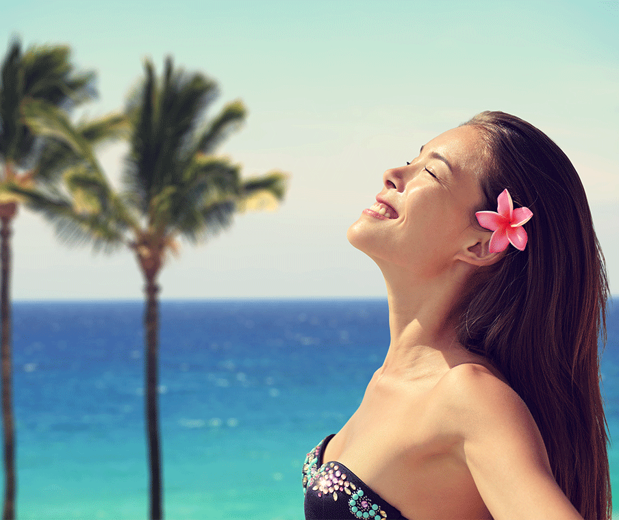 Girl on the Beach wearing Hawaiian clothing