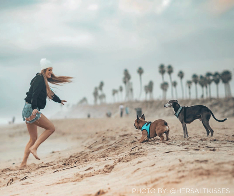 woman running on dog beach with her two dogs